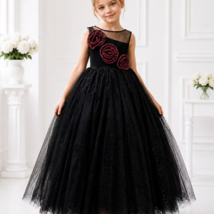 Toy Balloon Girls Black Fit and Flared Party Wear Long Gown Dress
