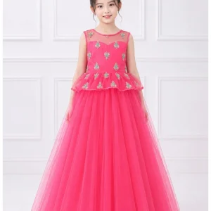TB Kids Girls Fuchsia Pink Embroidered Net Ball Gown