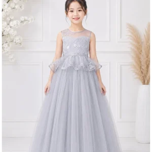 TB Kids Silver Grey Embroidered Net Peplum Ball Gown