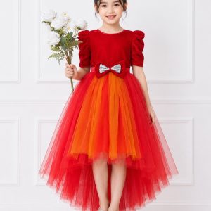 Toy Balloon Kids Girls Red Velvet Bodice Party Wear High Low Frock