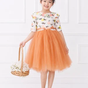Toy Balloon Kids Girls Peach Tulle Dress with Floral Neckline